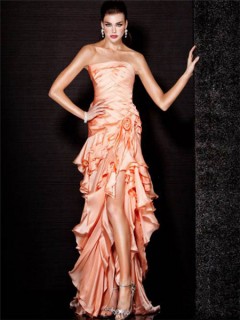 Sheath Strapless High Low Peach Silk Ruffle Tiered Evening Prom Dress