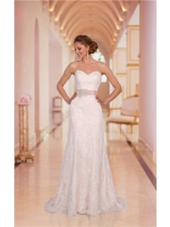 Sheath Strapless Sweetheart Sparkly Lace Wedding Dress With Crystals Sash