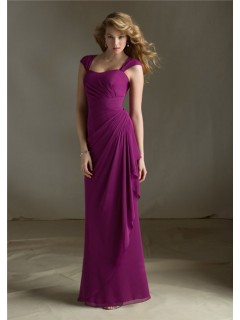 Sheath Sweetheart Detachable Cap Sleeves Long Purple Chiffon Bridesmaid Dress Open Back