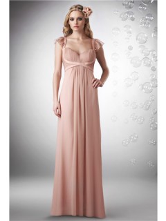Sheath Sweetheart Straps Long Peach Chiffon Ruched Occasion Bridesmaid Dress Detachable Ruffle Sleeves