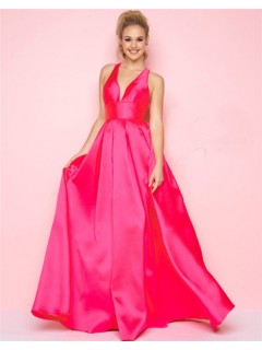 Simple A Line Deep V Neck Criss Corss Back Hot Pink Satin Prom Dress