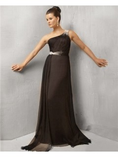 Simple A Line One Shoulder Long Black Chiffon Evening Wear Dress With Beaded