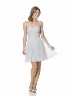 Simple A Line Strapless Sweetheart Short Silver Tulle Pleated Party Bridesmaid Dress
