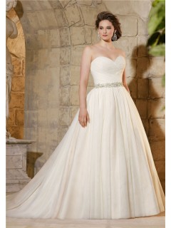 Simple A Line Sweetheart Tulle Ruched Plus Size Wedding Dress Crystals Belt