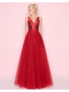 Simple A Line V Neck Long Red Satin Tulle Prom Dress With Sash