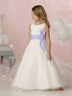 Simple A-line Princess Scoop Floor Length White Organza Wedding Flower Girl Dress With Sash
