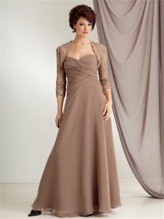 Simple A line sweetheart long brown chiffon mother of the bride dress with jacket