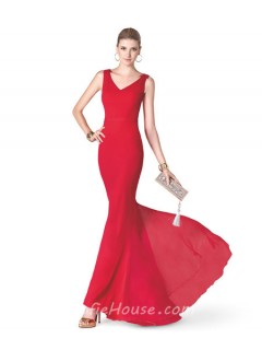 Simple Mermaid V Neck Red Chiffon Long Evening Prom Dress With Sash