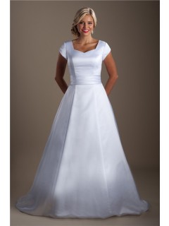 Simple Modest A Line Cap Sleeve Satin Corset Wedding Dress Court Train