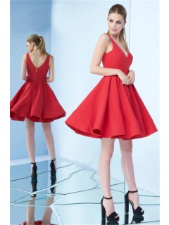 Simple V Neck Short Red Satin Party Prom Dress
