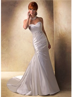 Slim A Line Sweetheart Ruched Satin Beaded Wedding Dress With Buttons