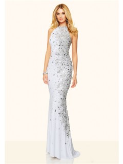Slim Mermaid High Neck Backless Long White Jersey Unique Beaded Prom Dress