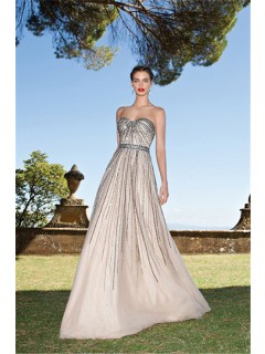 Sparkly A Line Sweetheart Long Champagne Tulle Sequin Beaded Prom Dress With Bow