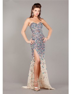 Sparkly Mermaid Strapless High Slit Champagne Chiffon Colorful Beaded Prom Dress