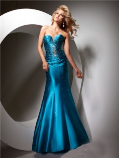 Sparkly Mermaid Sweetheart Long Teal Silk Party Prom Dress Beaded