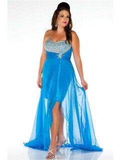 Strapless Empire Waist High Low Blue Chiffon Beaded Plus Size Party Prom Dress