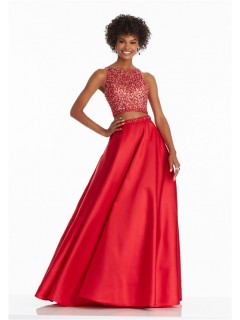 Stunning A Line High Neck Open Back Two Piece Red Satin Beaded Prom Dress