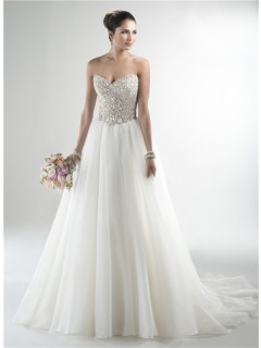 Stunning A Line Strapless Tulle Beaded Crystal Sparkly Wedding Dress