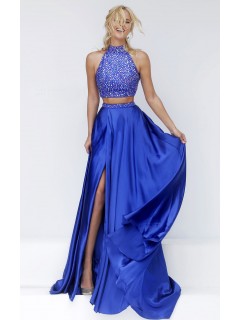Stunning Halter High Slit Two Piece Long Royal Blue Satin Beaded Prom Dress