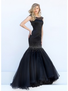 Stunning Mermaid Bateau Cap Sleeve Black Satin Organza Beaded Prom Dress