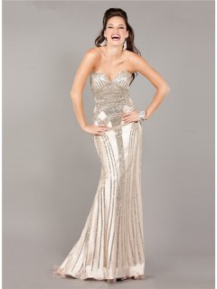Stunning Mermaid Strapless Beige Satin Beaded Sparkly Evening Prom Dress