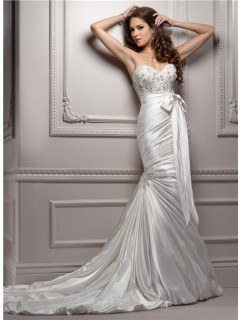 Stunning Mermaid Sweetheart Ruched Satin Wedding Dress With Sash Crystal