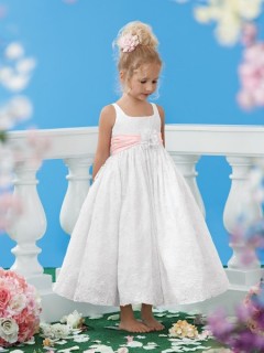 Tea Length White Lace Pink Sash Wedding Little Flower Girl Dress With Straps Flower