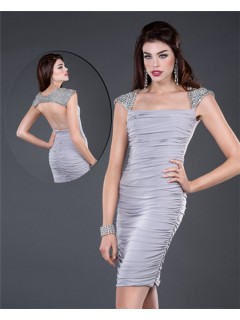 Tight Cap Sleeve Short Grey Ruched Jersey Beaded Evening Cocktail Party Dress