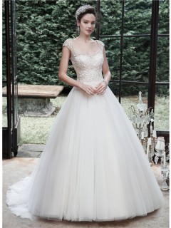 Traditional Ball Gown Cap Sleeve Backless Tulle Lace Beaded Wedding Dress