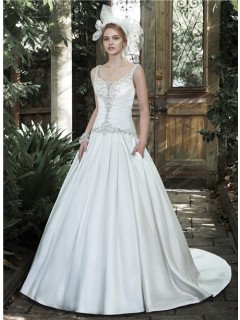 Traditional Ball Gown Scoop Neck Ruched Satin Wedding Dress With Straps