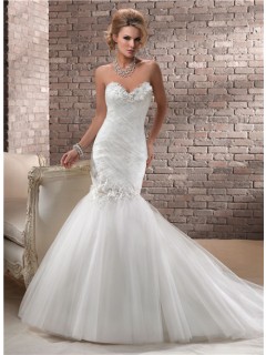 Trumpet/ Mermaid Sweetheart Corset Back Tulle Wedding Dress With Flowers