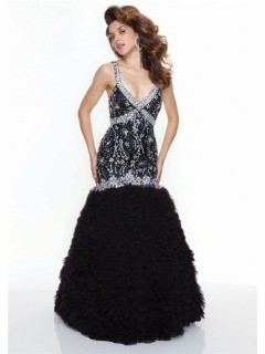 Trumpet/Mermaid sexy v neck backless black beaded prom dress with straps
