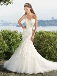 Trumpet/Mermaid sweetheart court train satin tulle wedding dress with appliques