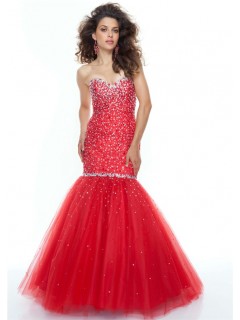 Trumpet/Mermaid sweetheart floor length red beaded tulle prom dress