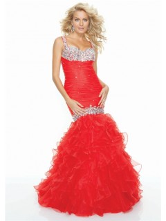 Trumpet/Mermaid sweetheart sexy backless red beaded prom dress with straps