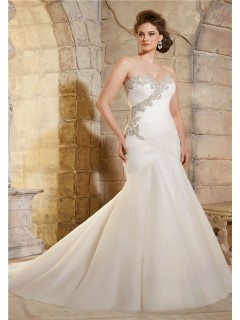Trumpet Strapless Ruched Tulle Crystals Beaded Plus Size Wedding Dress Corset Back