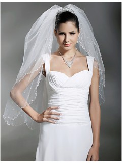 Two Layers White Tulle Wedding Bridal Veil With Pearls