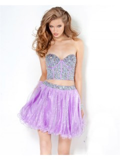 Two Piece Short Lilac Purple Beaded Corset Tulle Bat-mitzvah Cocktail Party Dress