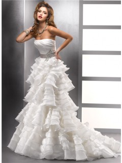Unique A line Strapless Ivory Tiered Organza Ruffles Wedding Dress With Beading Sash