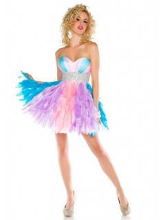 Unique Designer Strapless Short/ Mini Colorful Feather Homecoming Cocktail Prom Dress