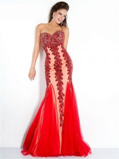 Unique Mermaid Strapless Red Tulle Beaded Evening Prom Dress