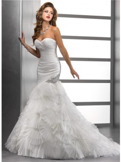 Unique Mermaid Sweetheart Pleated Tulle Wedding Dress With Fan Flowers Crystal