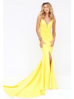 Unique Sexy Mermaid Plunging Neckline Backless High Slit Yellow Satin Prom Dress
