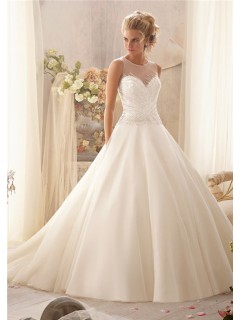 Unusual Ball Gown Illusion Neckline Sheer Back Tulle Beaded Wedding Dress With Buttons