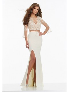 Unusual Sheath Two Piece Ivory Jersey Prom Dress With 3 4 Lace Sleeves
