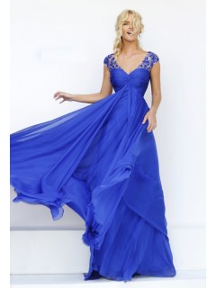 V Neck Cap Sleeve Open Back Empire Waist Royal Blue Chiffon Flowing Prom Dress