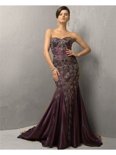 Vintage Mermaid Strapless Long Purple Silk Beading Evening Dress