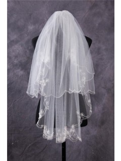 Vintage Two Tiers Tulle Embroidery Ruffled Fingertip Length Wedding Bridal Veil