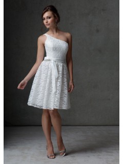 A line one shoulder knee length short white lace bridesmaid dress with sash