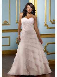 A Line Sweetheart Layered Blush Pink Organza Ruffle Plus Size Wedding Dress Corset Back